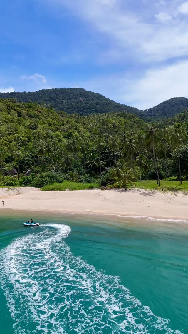 Aerial view of a jet ski carving a wake beside an empty jungle-backed beach near Koh Phangan